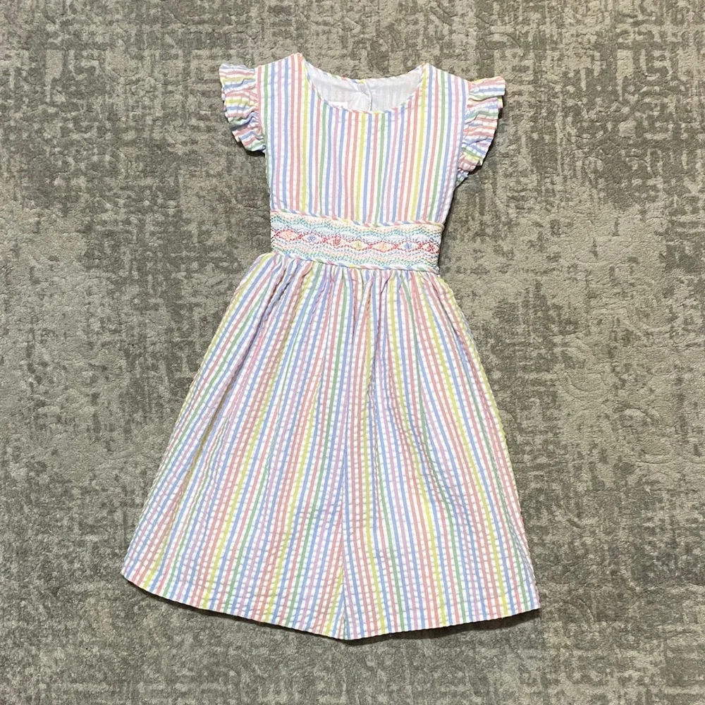 Girls Bonnie Jean Pastel Stripe Smocked Waist Dress, size 5. - Picture 1 of 6